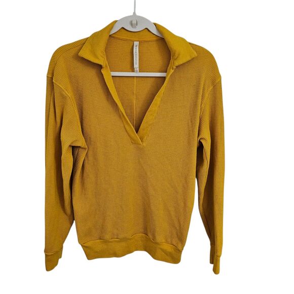 Aritzia Babaton Sweater Womens Small Yellow V-Neck Waffle Knit Pullover Collared - Picture 1 of 10